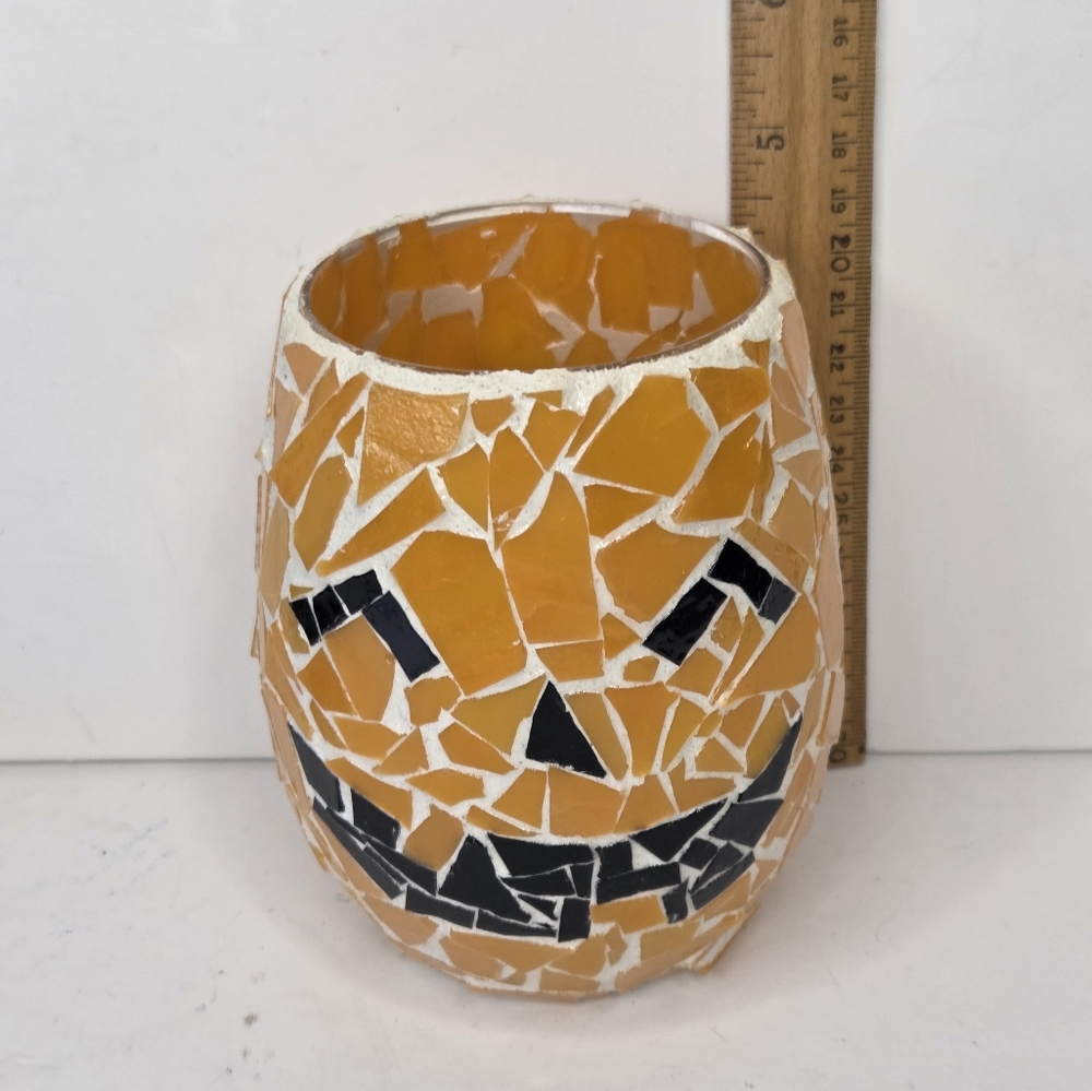 Mosaic Orange Pumpkin Jackolantern Candle Holder Jar Vase Halloween Decor - Picture 5 of 11